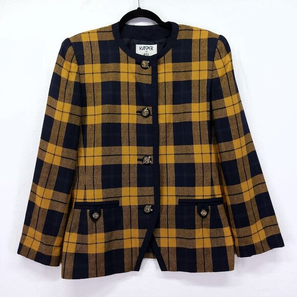Kasper Jackets & Blazers - Kasper Vintage Blazer Size 10 Mustard Blue Plaid Dark Academia Jacket